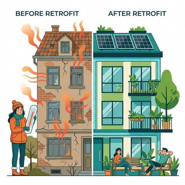 Before and after building retrofit illustration showing thermal improvement
